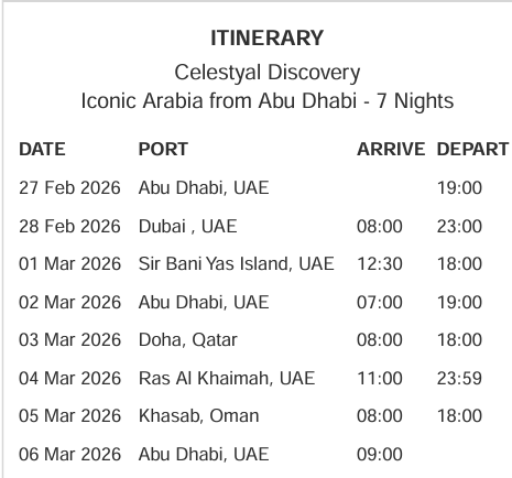 Celestyal Discovery Arabian cruise itinerary